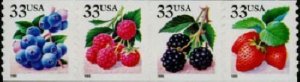 1999 33c Fruit Berries, Strip of 4 Scott 3302-3305 Mint F/VF NH