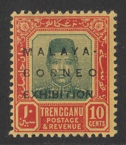 MALAYA - Tregganu 1922 Malaya-Borneo Exhibition Sultan 10c, variety 'no stop'.