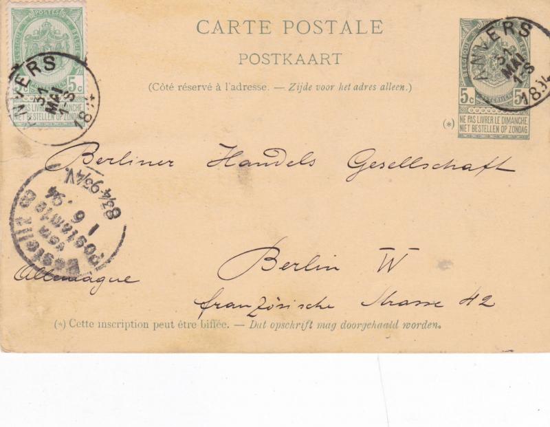 Belgium 1894 5C+5C Prepaid Postcard from Anvers to Berlin Lovely German CDS VGC