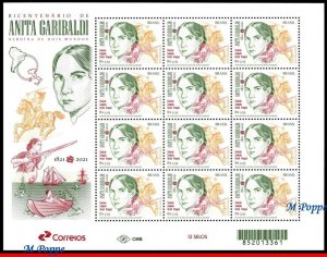 21-11 BRAZIL 2021 ANITA GARIBALDI, HEROINE, JOINT ISSUE WITH URUGUAY, SHEET MNH