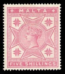 Malta #14 Cat$125, 1896 Victoria, 5sh rose, lightly hinged