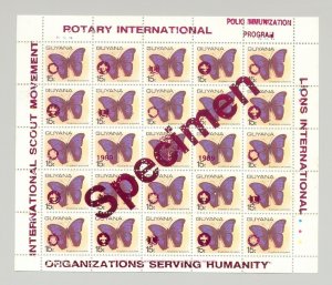 Guyana 1989 Butterflies 3v M/S of 25 Red o/p Specimen Rotary, Lions Club