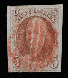 GENUINE SCOTT #1 XF 1847 USED 4 CLEAR MARGINS RED GRID IN CIRCLE CANCEL SCV $750