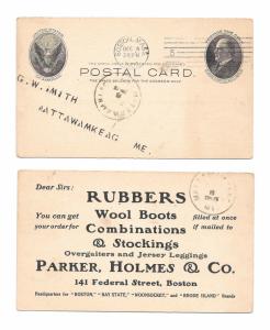 UX18 Boston MA 1902 Mattawamkeag ME Recd Rubbers Boots Parker Holmes Advert Card