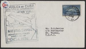 Cuba 1931 First Flight Cover Nuevitas - St. Thomas | Edifil E106 | CU10187