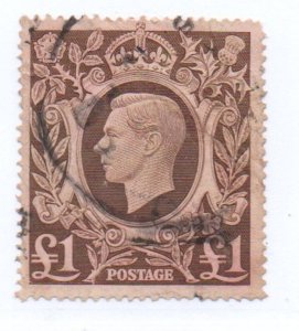 Great Britain Sc 275 1948 £1 red brown G VI stamp used