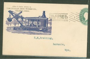 US U311 1897 Advertising/steam shovel illustration on reduced 2c prepaid cover with Toledo straight-line machine cancel