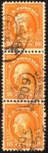 1917, US 10c, Franklin, Used, Strip of 3, Well centered, Sc 510