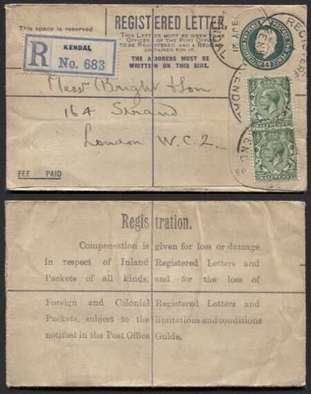 RP30 KGV 4d Grey Green Registered Envelope size Fa Used and uprated