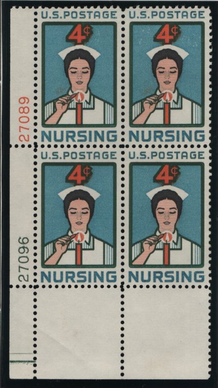 US, 1190, MNH, PLATE BLOCK, 1961, NURSE LIGHTING CANDLE