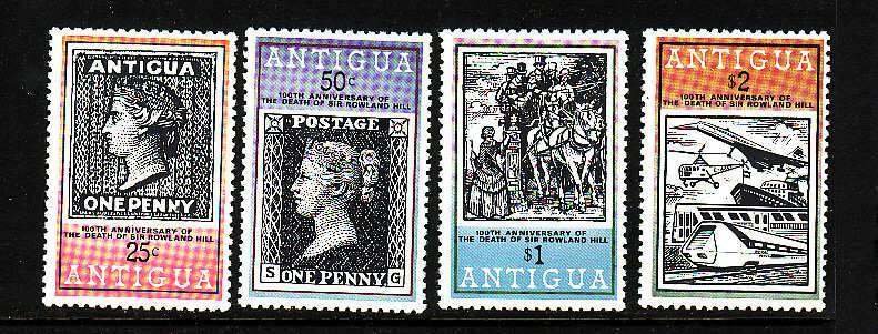 Antigua-Sc#528-31-unused NH set-id4-Stamp on Stamp-Sir Rowland Hill-1979-