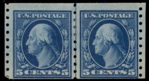 US #396 5¢ blue, Coil Guide Line Pair, LH, F/VF, Miller cert, Scott $425.00