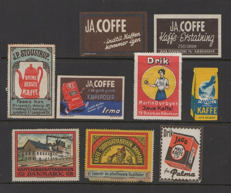 Denmark - Assortment of 9 Coffee Advertising Stamps 