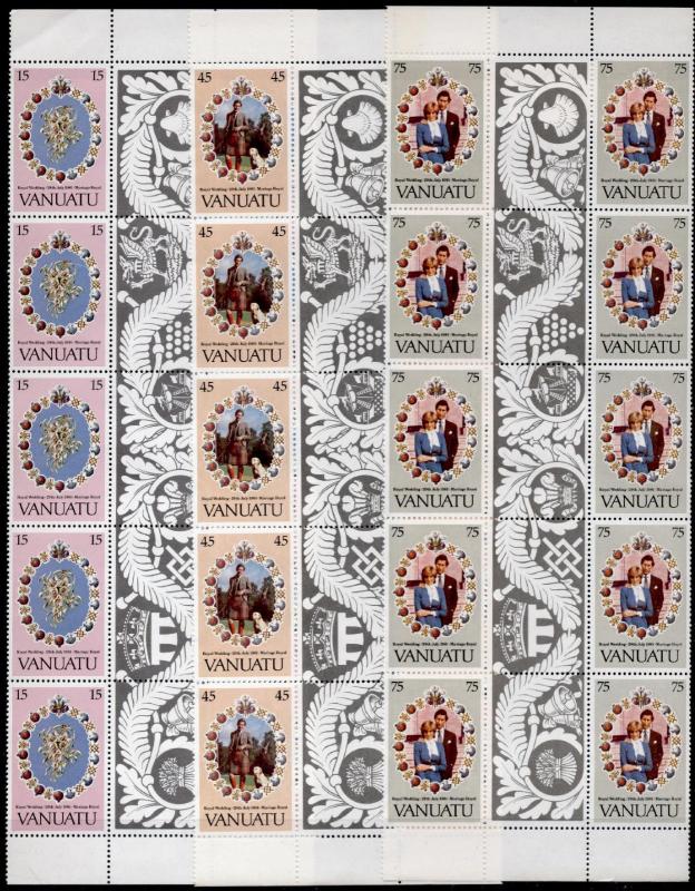 Vanuatu 308-10 Gutter Pair Strips MNH Prince Charles, Diana Wedding, Flowers