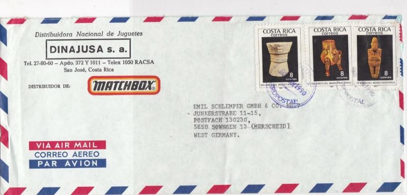 Costa Rica 1990 Airmail to W.Germany Matchbox Toys Artefacts Stamps Cover  23450