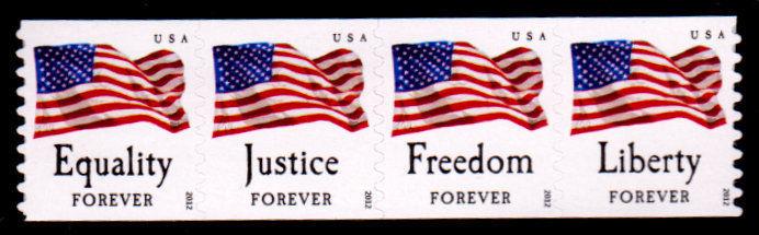 2012 45c Forever Four Flags, Strip of 4 Scott 4629-4632 Mint F/VF NH