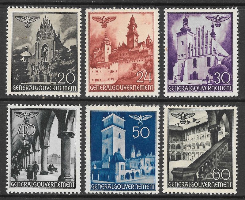 Poland Scott N62-64,N66,N68-69 Unused HOG - 1940-41 Castles/Churches - SCV $1.50