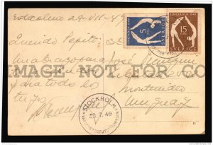 SWEDEN SVERIGE COVER TO URUGUAY SENT IN 1949 FDC SPORTS POSTCARD (W4_3290)