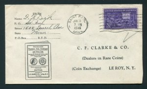 1945 Coin Dealer C.F. Clarke - Reply Cover - Saint Paul, Minnesota to Le Roy, NY