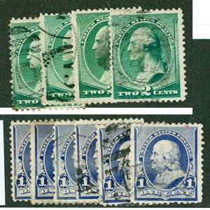 Scott 213,219 2c Washington & 1c Franklin Used Ten Copies Total Cat $6.90