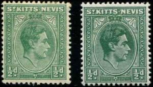 St Kitts- Nevis SC# 79 & -- SG# 68, 68a KGVI green & blue green 1/2d MH