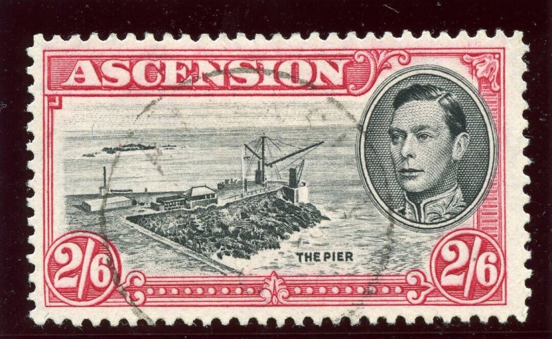 Ascension 1944 KGVI 2s 6d black & deep carmine (p13) VF used. SG 45c. Sc 47.