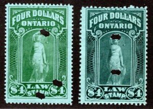 van Dam OL61, $4 green, Used, 1908, Shades, Ontario Law Stamp, Canada Revenue