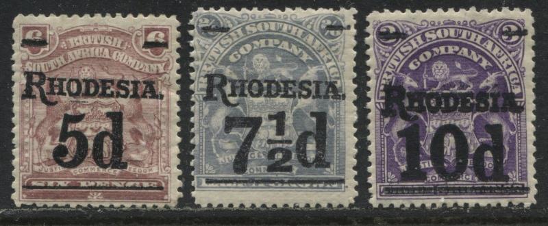 Rhodesia 1909 overprinted Rhodesia and value, 5d, 7 1/2d, 10d  mint o.g.