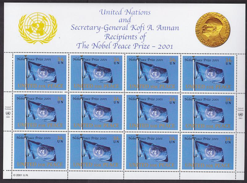 UN, MNH. 2001 Nobel Peace Prize, 3 Full Panes for NY, Geneva & Vienna Offices