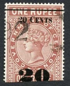 Ceylon Telegraph SGT37 20c on 1r Red-brown Type T32 (18mm) Scarce