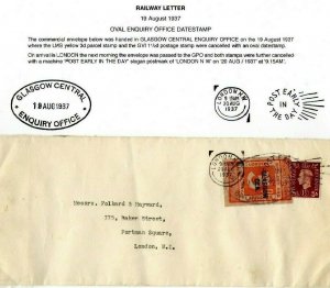 GB KGVI Cover GLASGOW CENTRAL STATION 3d Parcel Stamp 1937 Railway Letter EP569 