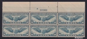 BOBPLATES US #C24 Transatlantic Top Plate Block of 6 F22382 F-VF NH SCV=$110