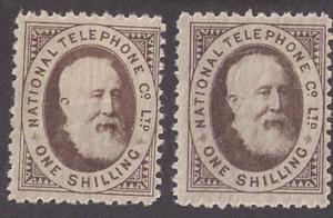 1884 Telephone Stamps: 2 Examples of 1sh different shades VF