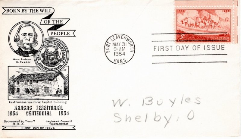 Scout Cachets #1624 FDC Kansas Territorial Stamp 1954 - Levy 54-8c (black)