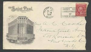 1929 COVER ST PAUL MN HOTEL ST PAUL EUROPEAN PLAN ROUGH OPEN AT RIGHT