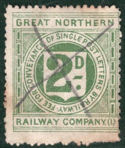 GB Ireland GREAT NORTHERN RAILWAY GNR 2d Letter Stamp Pen Cancel Used LIME102