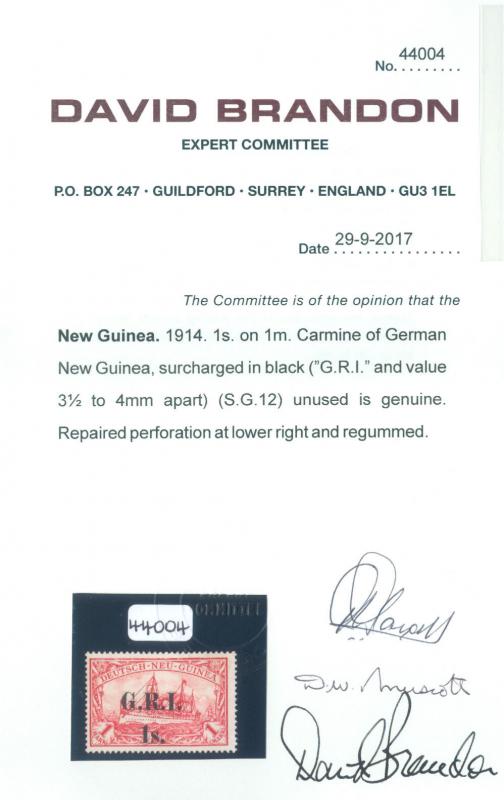 German Colonies - NEW BRITAIN G.R.I. NEW GUINEA 1sh/1mk Sc# 12 mint MH w/cert RR