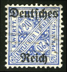 German States, Wurttemberg #O178a (Mi. 60Y) Cat€400, 1920 20pf ultramarine,...