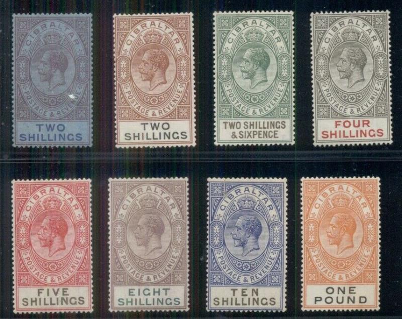 GIBRALTAR #85a-92, 2sh - £1 Geo. V, all og, LH, VF, Scott $676.75