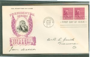 US 843 1939 4c James Madison (part of the presidential/prexy series) coil pair on an addressed first day cover with a cachet cra