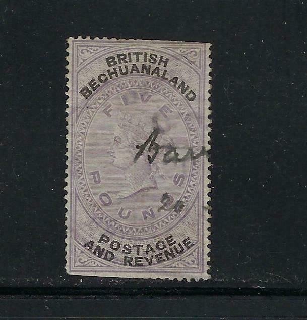 BECHUANALAND PROTECTORATE SCOTT #22 1887 WMK 29 5 POUND- PEN CANCEL-SPACE FILLER