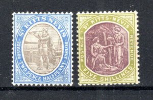 St Kitts-Nevis 1903 2 1/2d Columbus and 1918 5s Medicinal Spring SG 4 and 21 MH