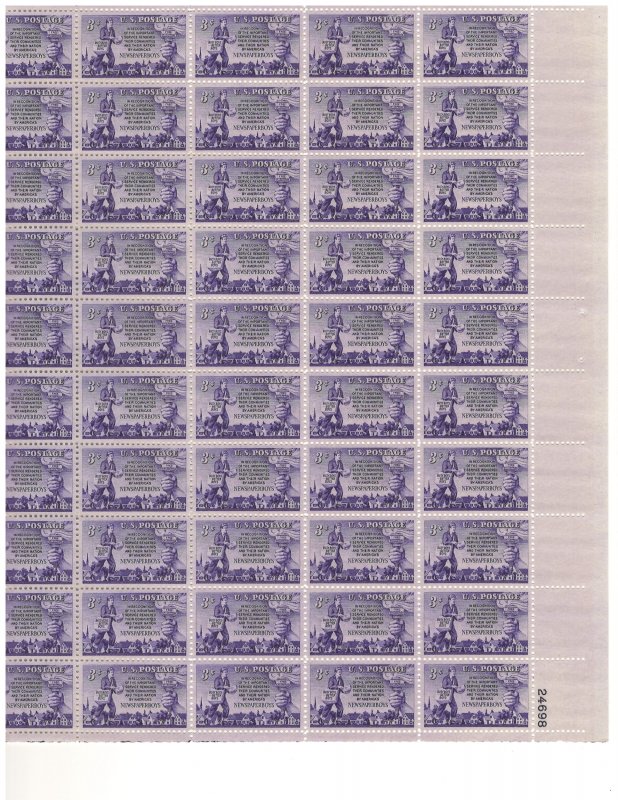 #1015 – 1952 3¢ Newspaper Boys – MNH OG Sheet