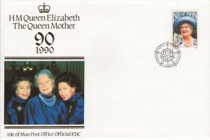 Isle of Man 1990 FDC Sc 425 90p Queen Mother, 90th Birthday