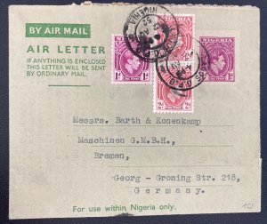 1952 Lagos Nigeria Air Letter Postal Stationery Cover To Bremen Germany