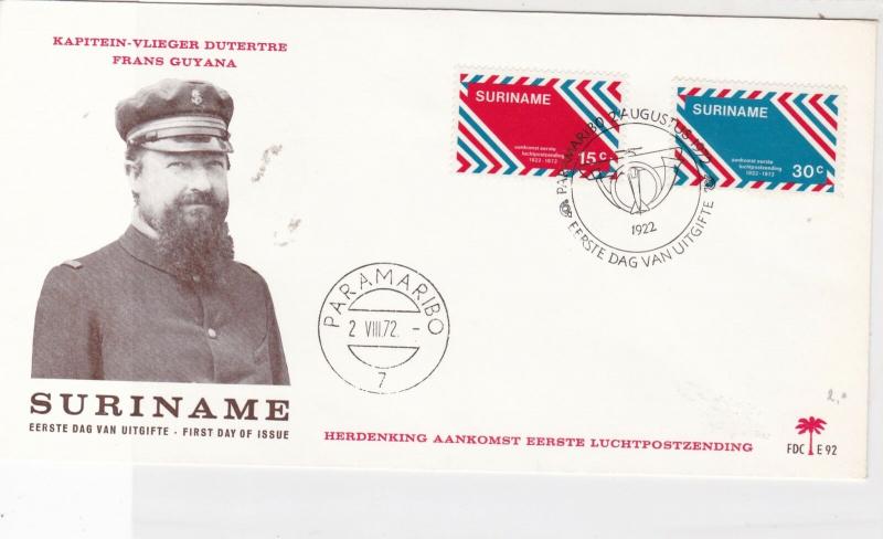 Suriname 1972 Air flight First day issue Captain Dutertre stamps cover ref 21765