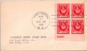 FDC 1940 SC #880 No Cachet - Washington DC - Plate Block Of 4 - F75240