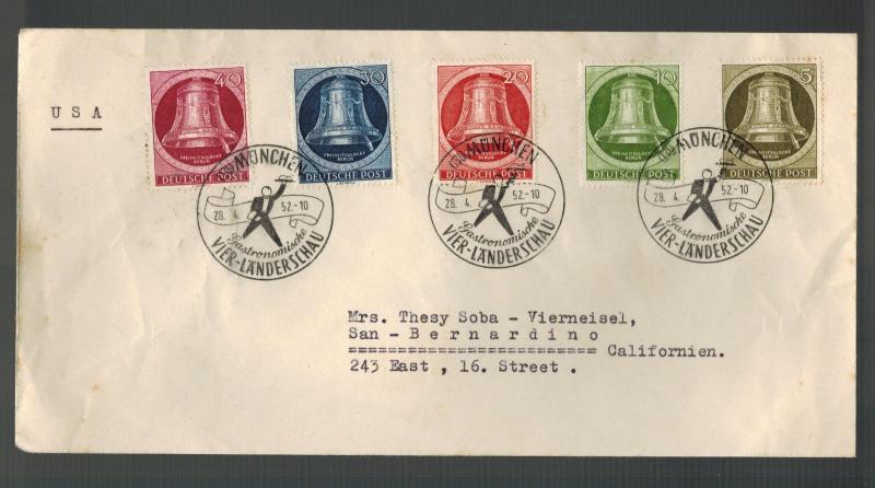 1952 Munich West Germany Cover # 9N75 to 9N79 to USA Liberty Bell Comp Set