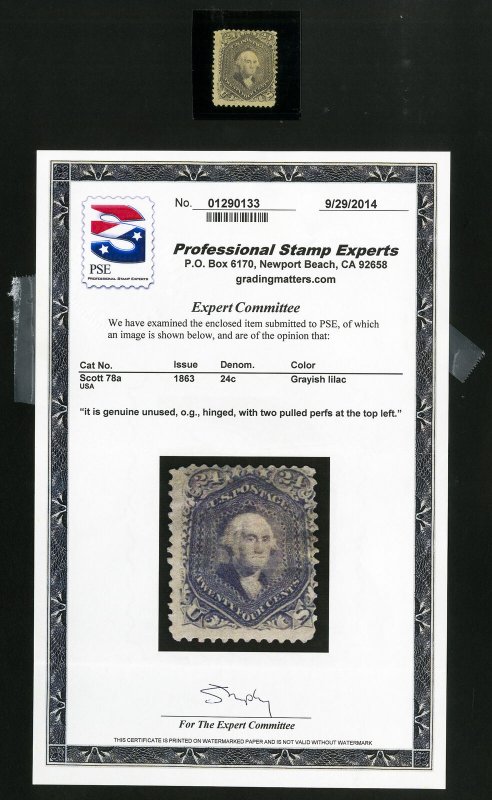 US Stamps # 78a F Few nibbled perfs OG H Scott Value $2,750.00