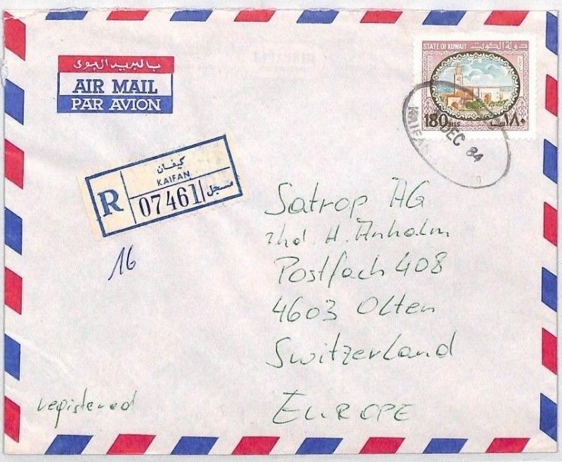 Gulf States Kuwait *KAIFAN* Registered Airmail Cover Switzerland 1984 CA371